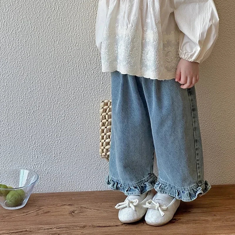 Spring Autumn Kids Lace Wide Leg Pants